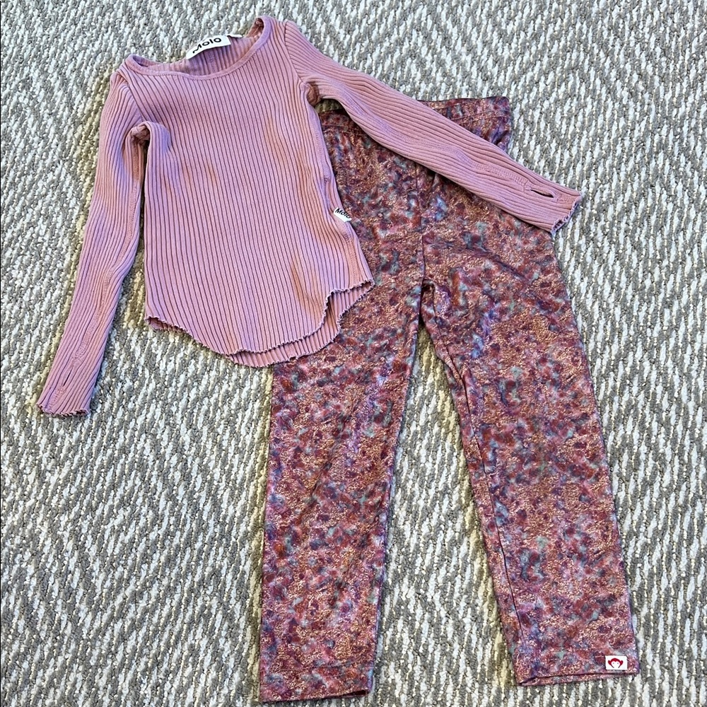 Molo Mauve Ribbed Top and Multicolor Pants Set
